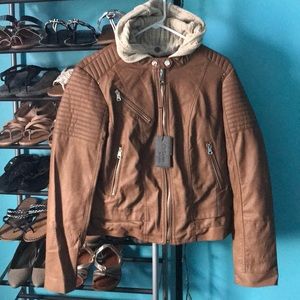 Cashew colored leather jacket with faux fur